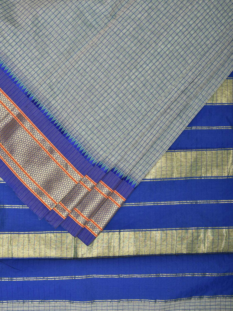 Light Grey and Blue Bamboo Cotton Saree with Checks Design bc0095