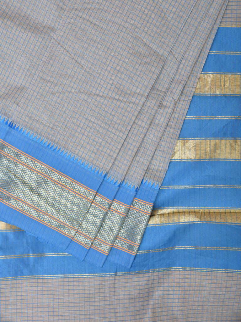 Light Grey and Blue Bamboo Cotton Saree with Checks Design No Blouse bc0170