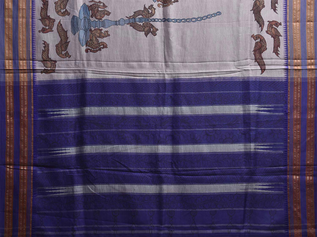 Light Grey and Blue Kalamkari Hand Painted Narayanpet Silk Saree with Peacocks Design No Blouse KL0820