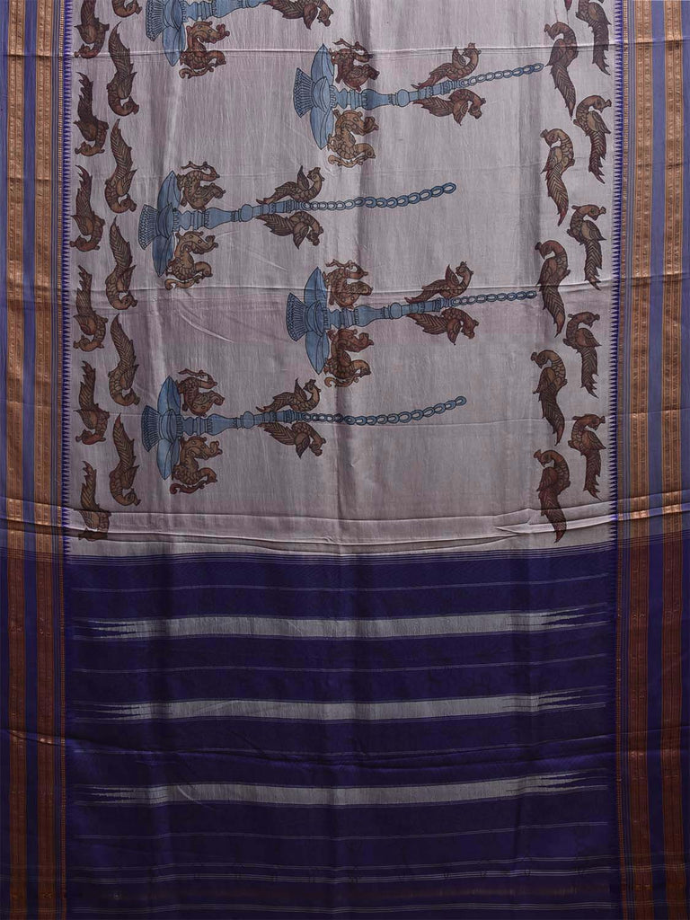 Light Grey and Blue Kalamkari Hand Painted Narayanpet Silk Saree with Peacocks Design No Blouse KL0820