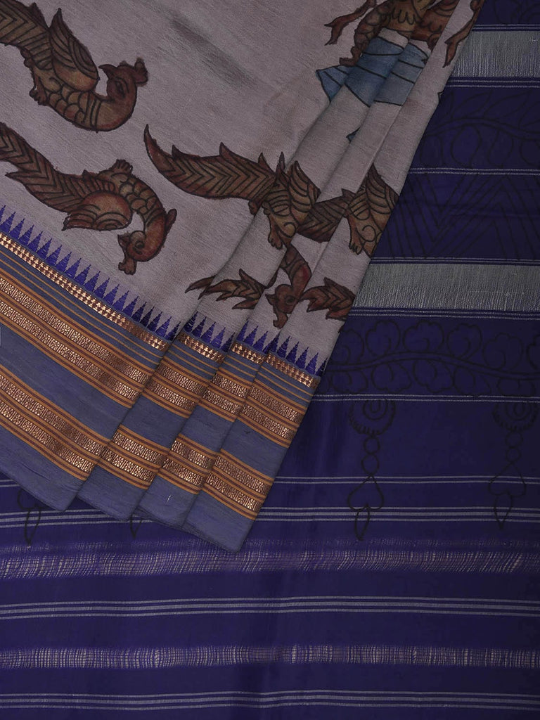 Light Grey and Blue Kalamkari Hand Painted Narayanpet Silk Saree with Peacocks Design No Blouse KL0820