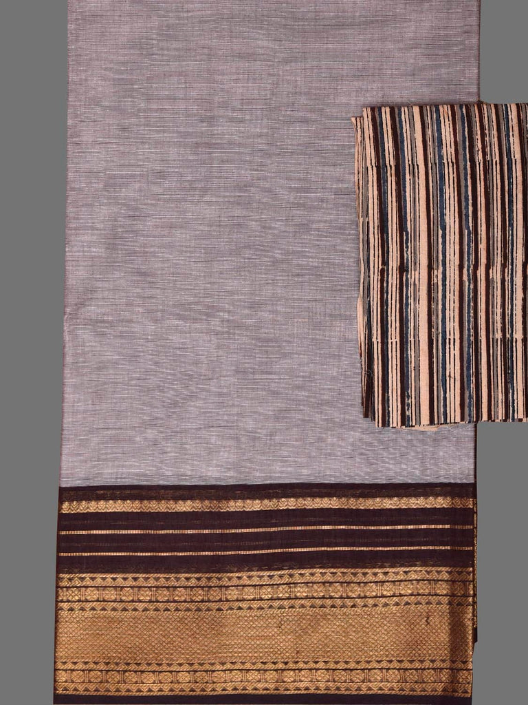 Light Grey and Brown Kanchipuram Cotton Plain Saree with Strips Pallu Design and Kalamkari Blouse k0996
