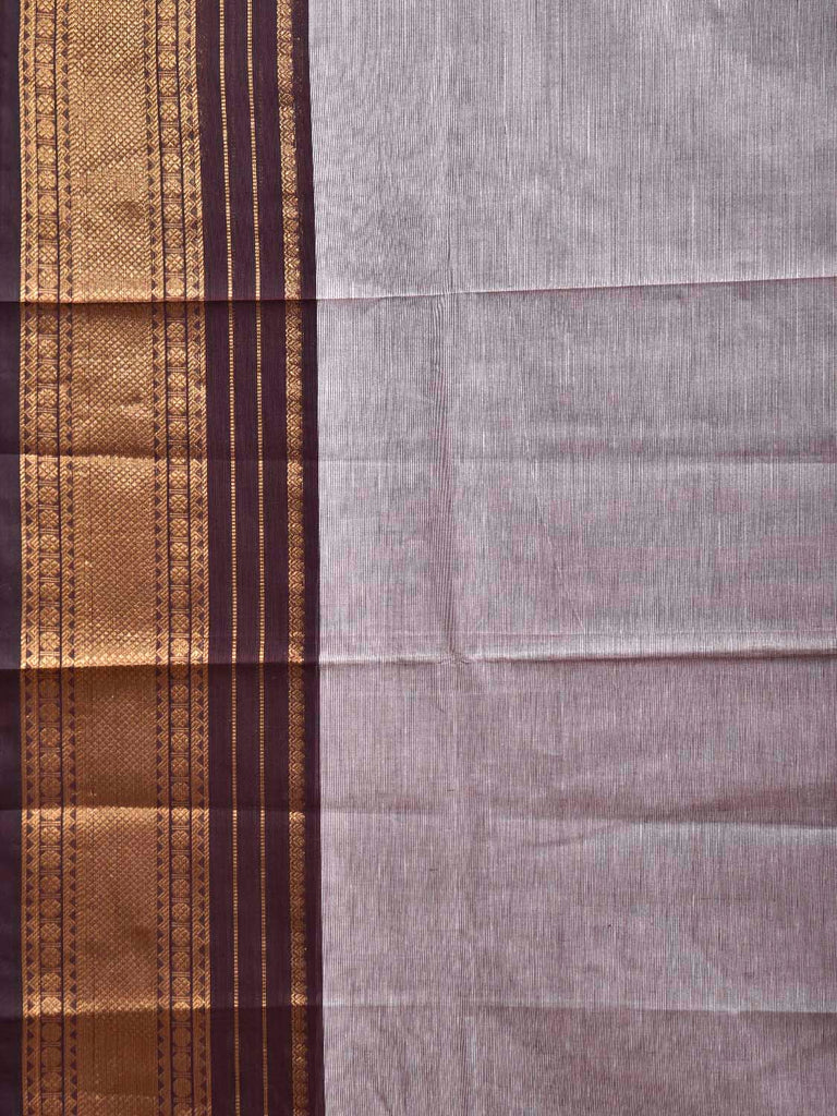 Light Grey and Brown Kanchipuram Cotton Plain Saree with Strips Pallu Design and Kalamkari Blouse k0996