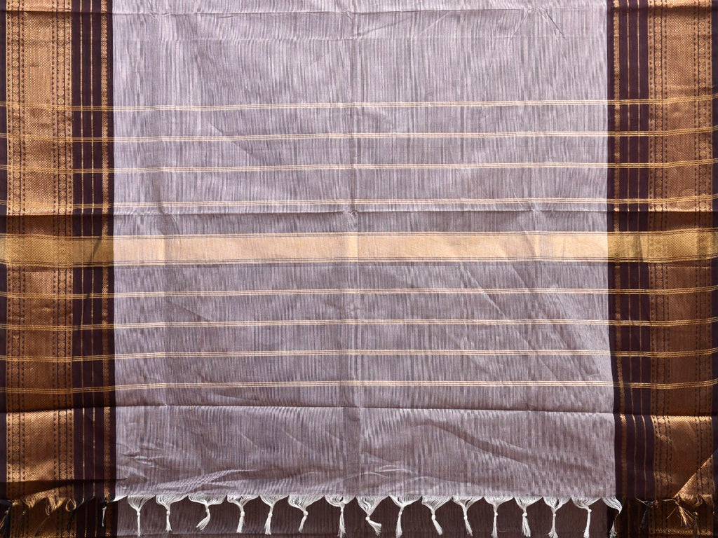 Light Grey and Brown Kanchipuram Cotton Plain Saree with Strips Pallu Design and Kalamkari Blouse k0996