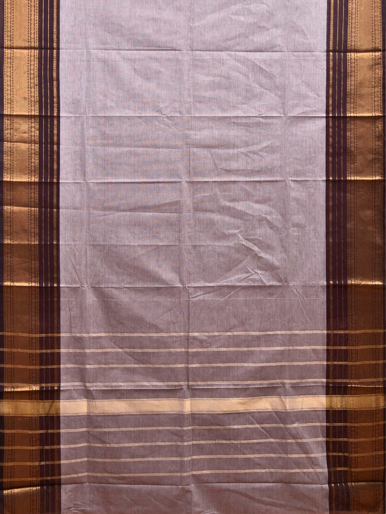 Light Grey and Brown Kanchipuram Cotton Plain Saree with Strips Pallu Design and Kalamkari Blouse k0996