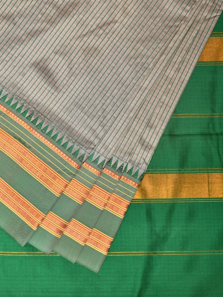 Light Grey and Green Narayanpet Silk Handloom Saree with Checks Design No Blouse np0750