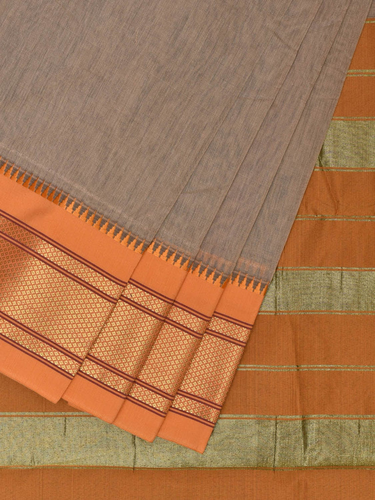 Light Grey and Mustard Bamboo Cotton Plain Saree with Strips Pallu Design No Blouse bc0284