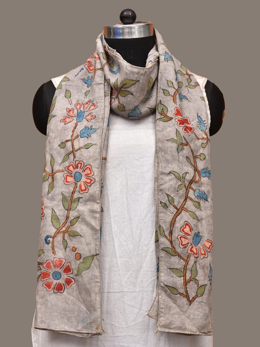 Light Grey Kalamkari Hand Painted Sico Stole with Floral Design ds3226 ...