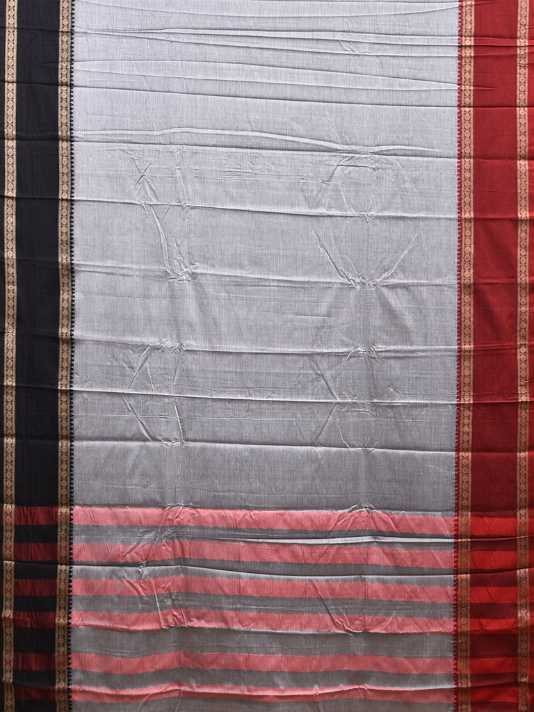 Light Grey Kanchipuram Cotton Plain Saree with Strips Pallu and Ganga-Jamuna Border Design No Blouse k0893