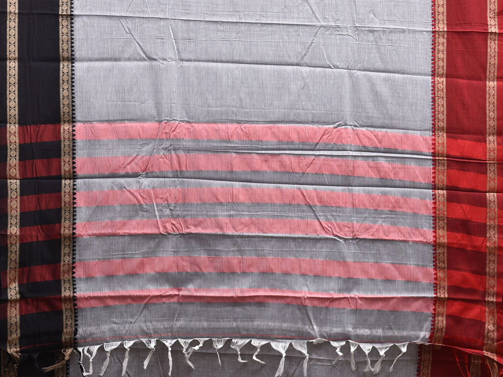 Light Grey Kanchipuram Cotton Plain Saree with Strips Pallu and Ganga-Jamuna Border Design No Blouse k0893