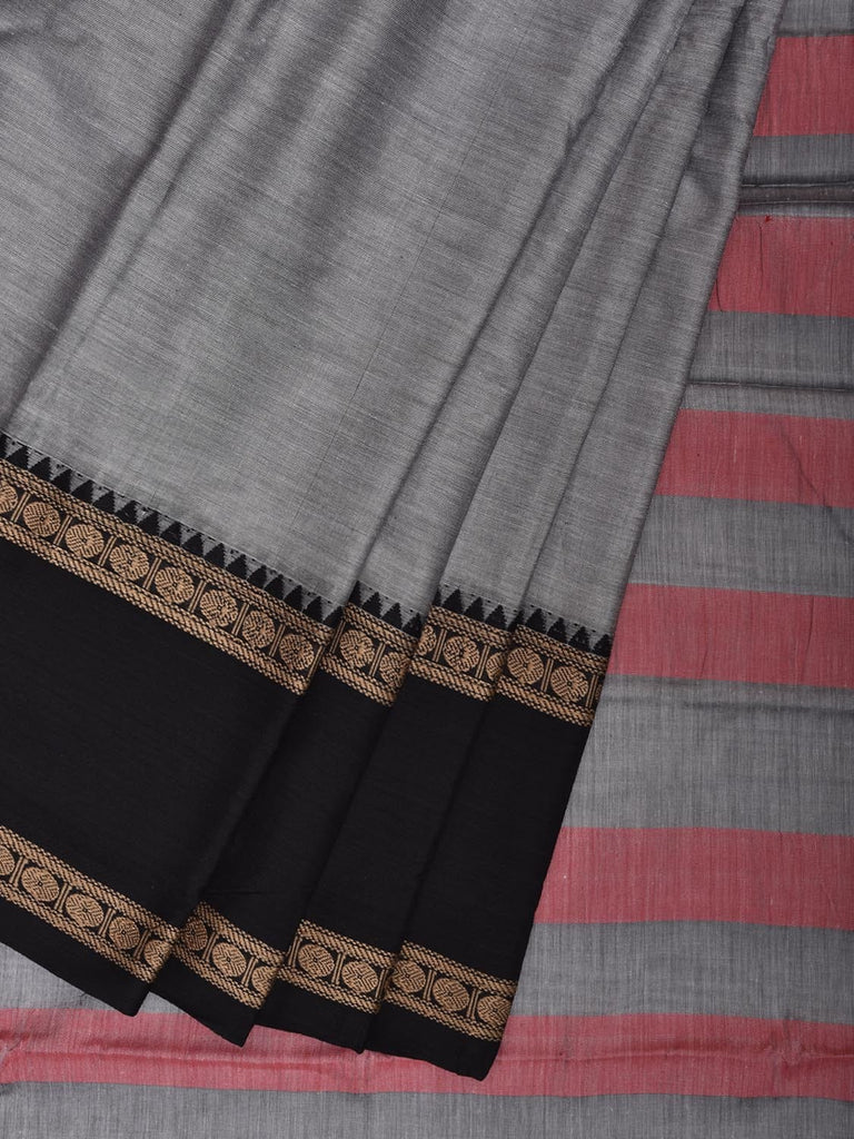 Light Grey Kanchipuram Cotton Plain Saree with Strips Pallu and Ganga-Jamuna Border Design No Blouse k0893