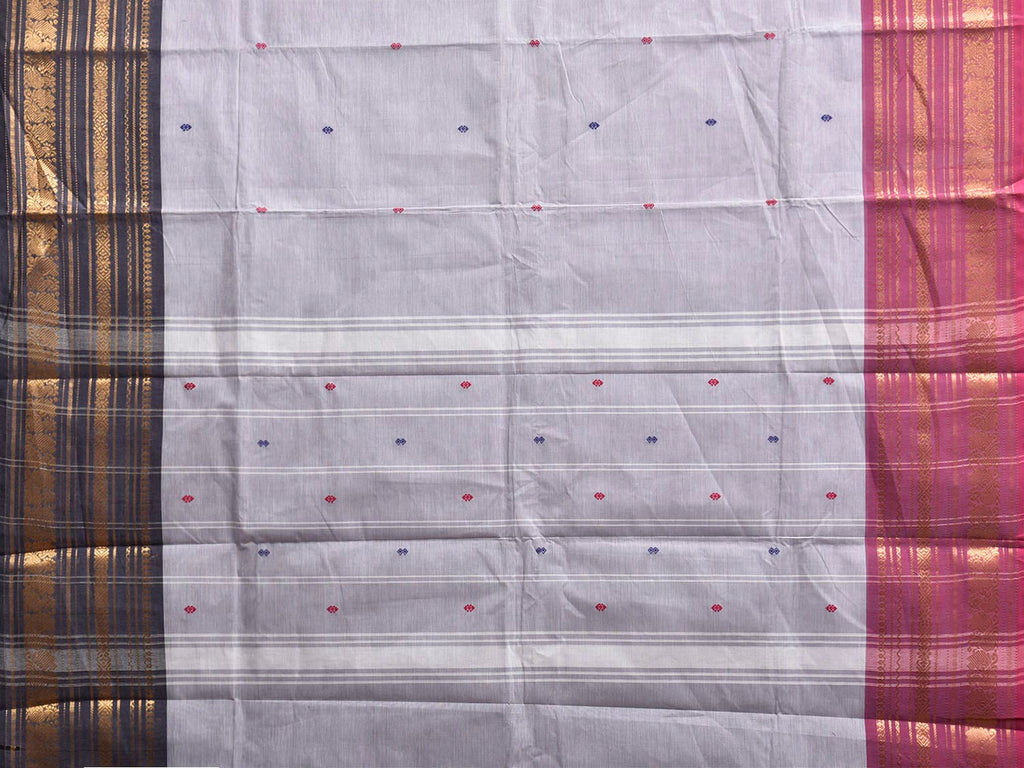 Light Grey Kanchipuram Cotton Saree with Strips Pallu and Ganga-Jamuna Border Design k1013