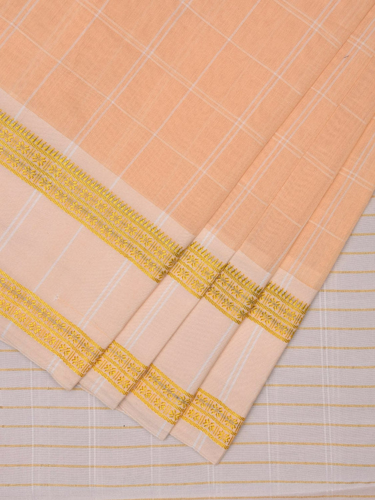 Light Orange and White Bamboo Cotton Saree with Big Checks Design No Blouse bc0532