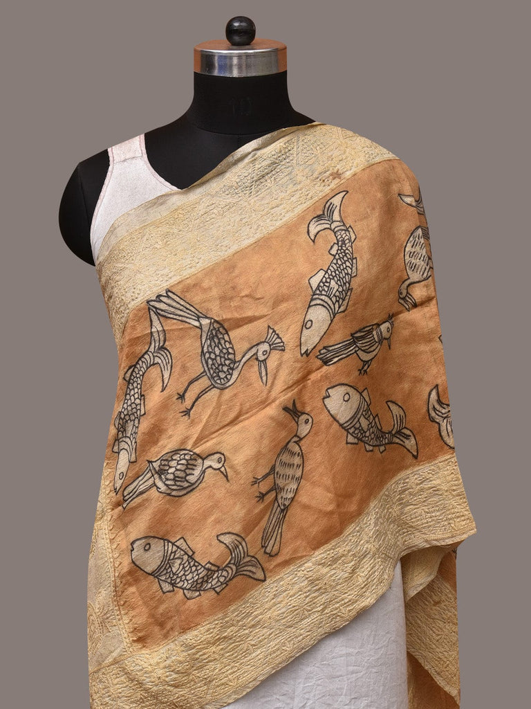 Light Orange Kalamkari Hand Painted Tussar Handloom Stole with Birds, Fishes and Embroidery Design ds3548