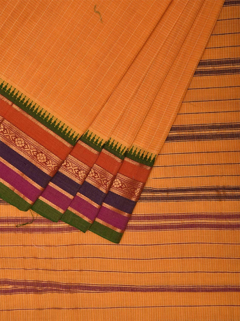 Light Orange Narayanpet Cotton Handloom Saree with Checks and Strips Pallu Design No Blouse np1045