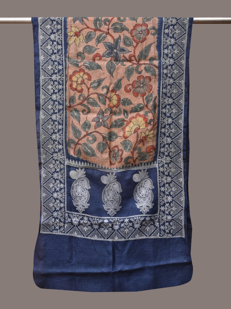 Light Peach and Blue Kalamkari Hand Painted Tussar Handloom Stole with Floral and Embroidery Design ds3499