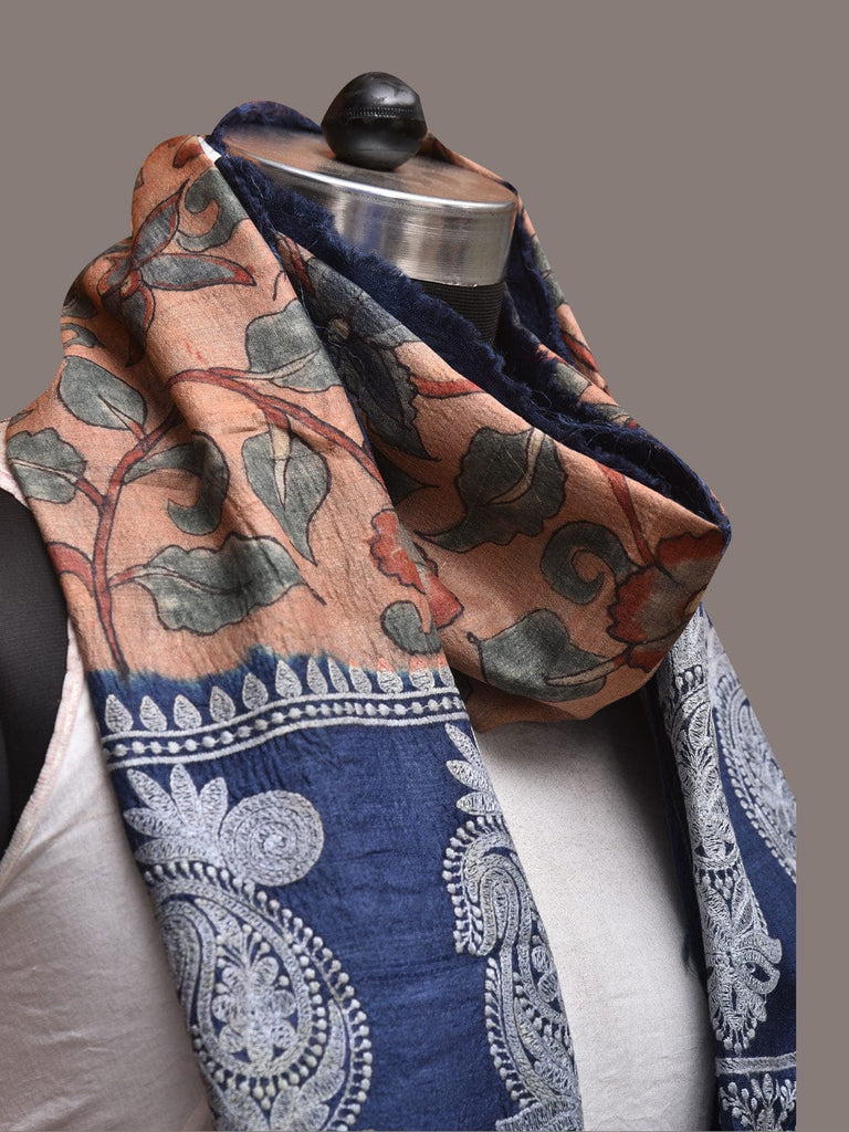 Light Peach and Blue Kalamkari Hand Painted Tussar Handloom Stole with Floral and Embroidery Design ds3499