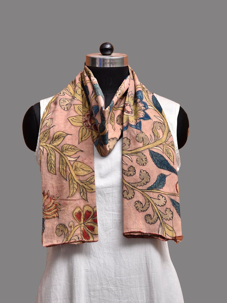 Light Peach Kalamkari Hand Painted Cotton Stole with Big Floral Design ds3783