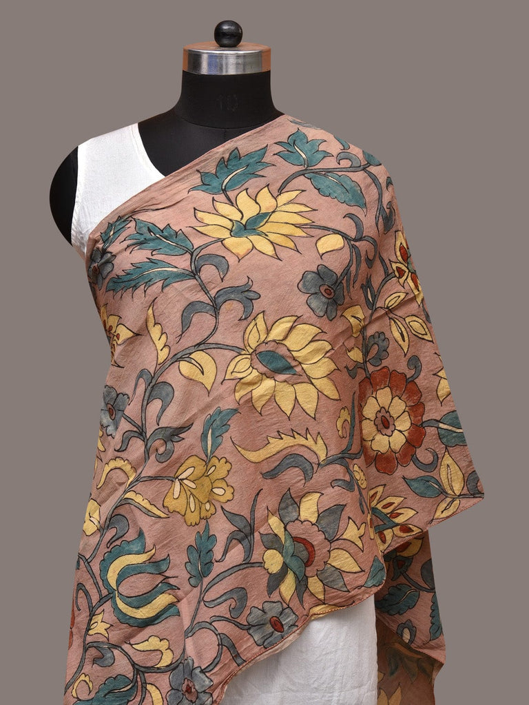 Light Peach Kalamkari Hand Painted Sico Stole with Floral Design ds3567