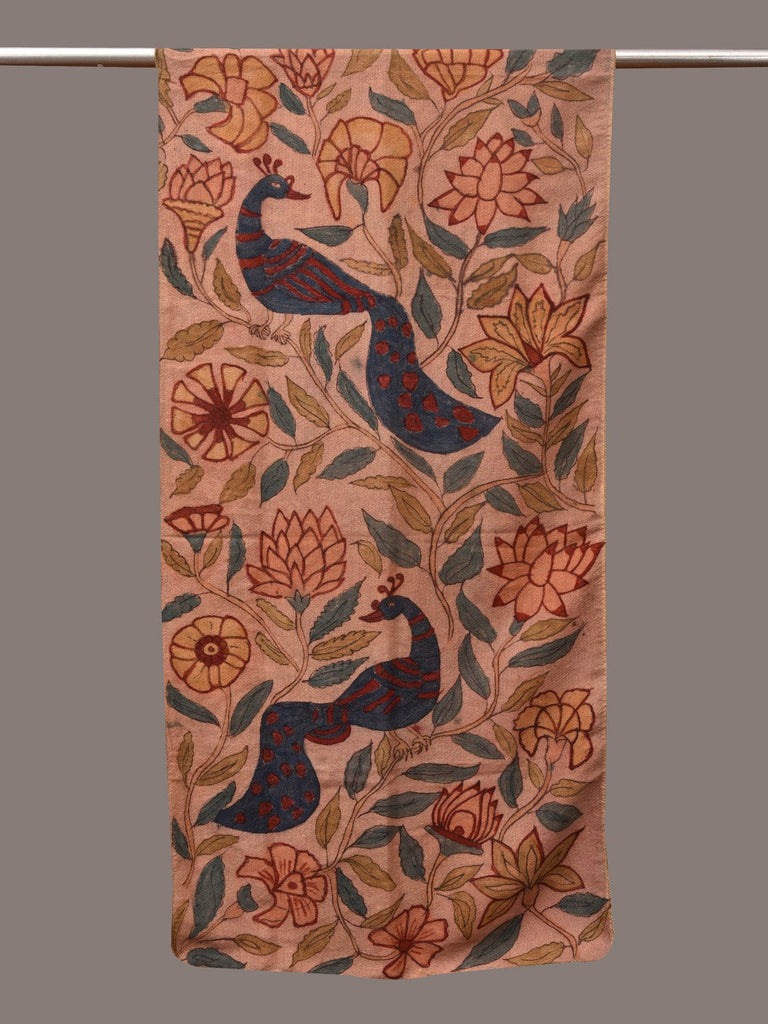 Light Peach Kalamkari Hand Painted Woolen Handloom Stole with Floral and Peacocks Design ds3544