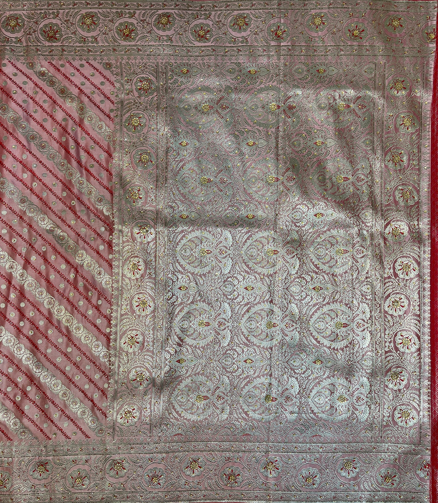 Light Pink Katan Banarasi Saree with Silver Zari Floral Weaving And Grand Pallu B0599ds