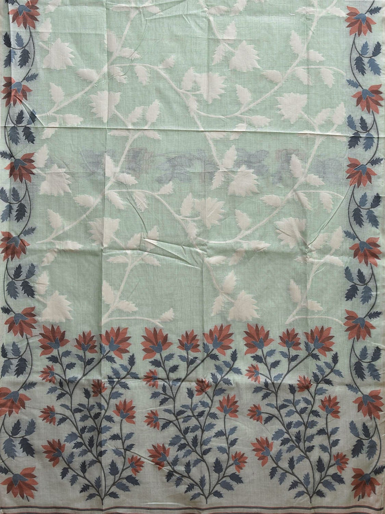 Light Turquoise Dhakai Jamdani Cotton Viscose Saree with Border and Pallu Floral Design dj0154