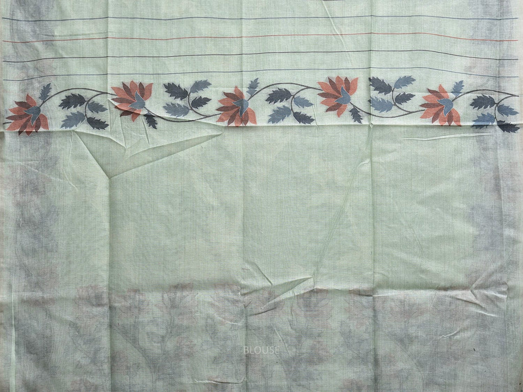 Light Turquoise Dhakai Jamdani Cotton Viscose Saree with Border and Pallu Floral Design dj0154