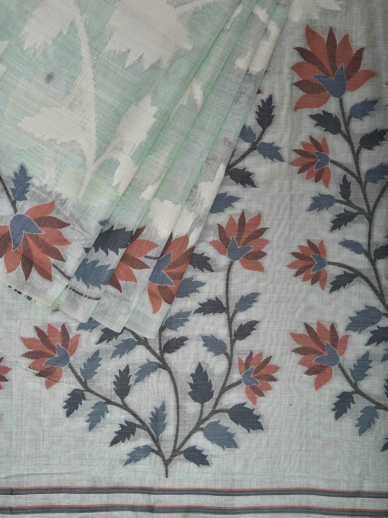 Light Turquoise Dhakai Jamdani Cotton Viscose Saree with Border and Pallu Floral Design dj0154