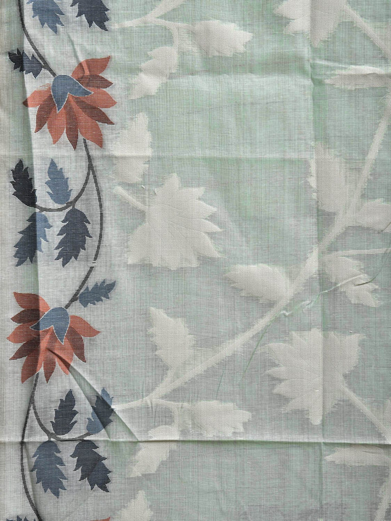 Light Turquoise Dhakai Jamdani Cotton Viscose Saree with Border and Pallu Floral Design dj0154
