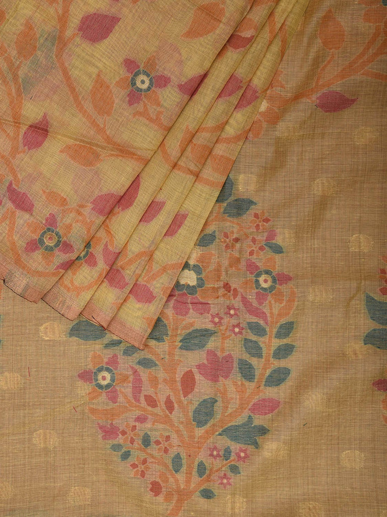 Light Yellow Dhakai Jamdani Cotton Viscose Saree with Floral Design dj0049