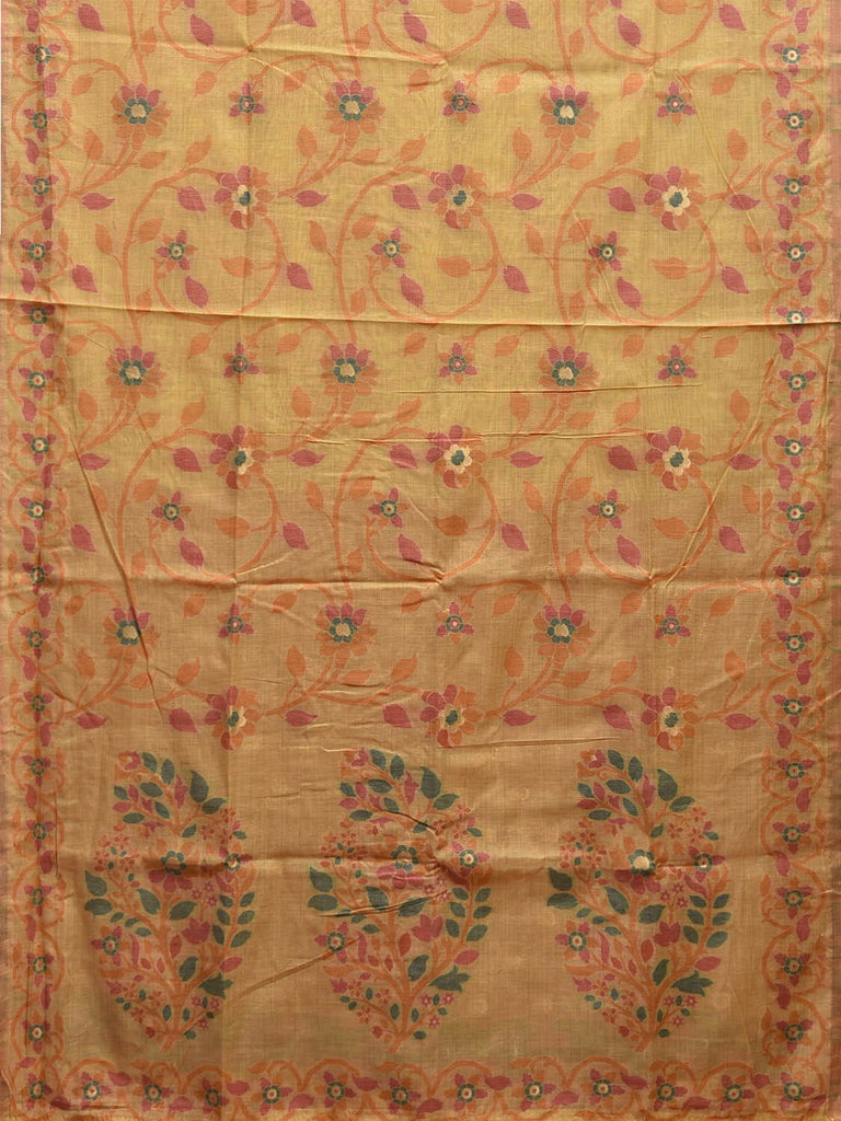 Light Yellow Dhakai Jamdani Cotton Viscose Saree with Floral Design dj0049