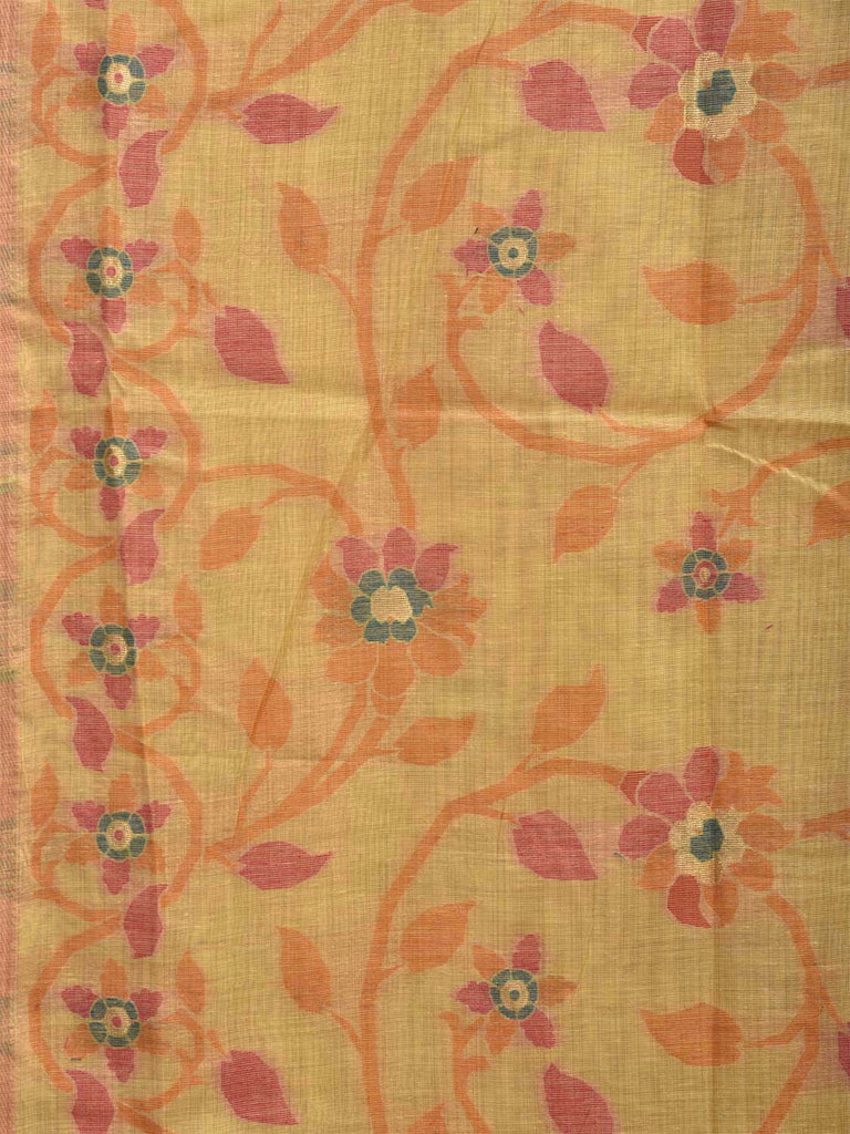 Light Yellow Dhakai Jamdani Cotton Viscose Saree with Floral Design dj0049