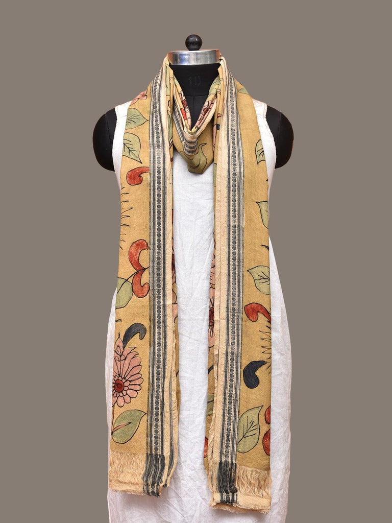 Light Yellow Kalamkari Hand Painted Cotton Handloom Dupatta with Floral Design ds3281