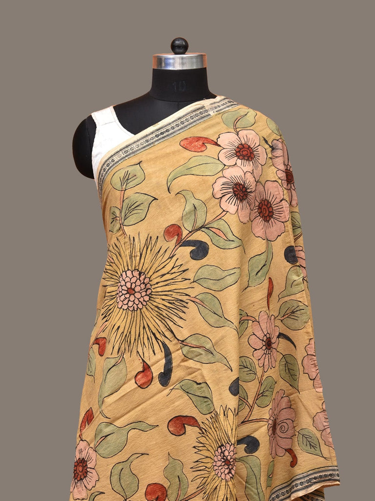 Light Yellow Kalamkari Hand Painted Cotton Handloom Dupatta with Floral Design ds3281