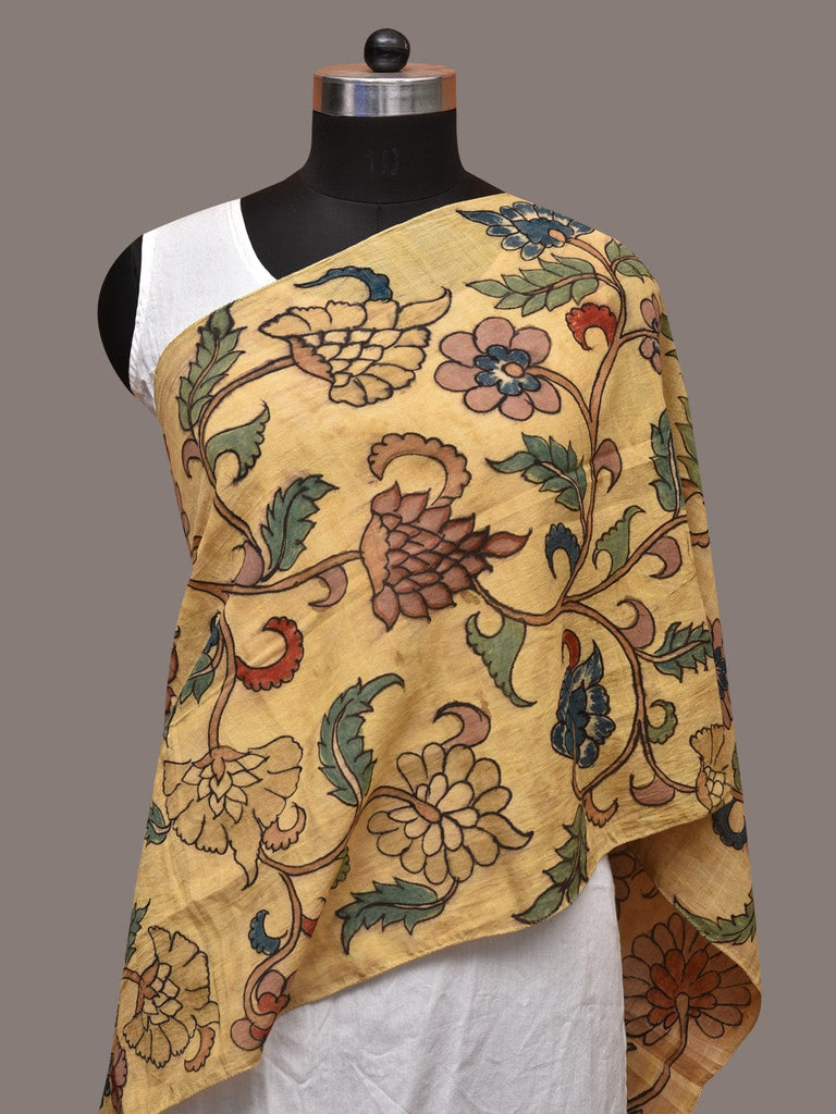 Light Yellow Kalamkari Hand Painted Cotton Stole with Floral Design ds3558