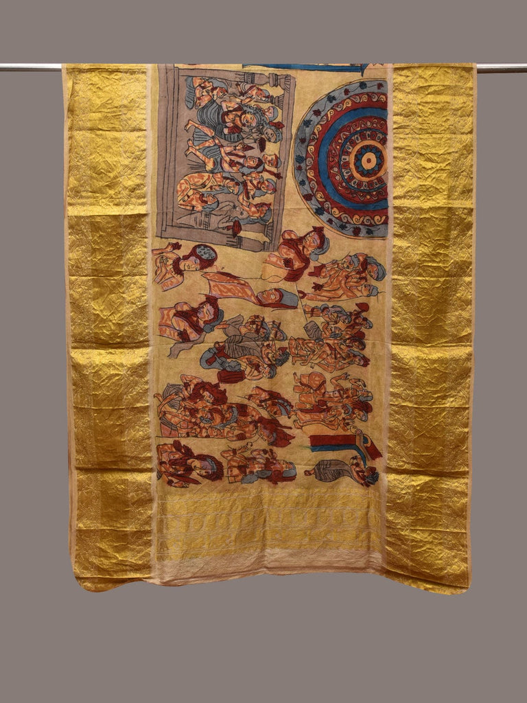 Light Yellow Kalamkari Hand Painted Kanchipuram Silk Handloom Dupatta with Ajanta Design ds3554
