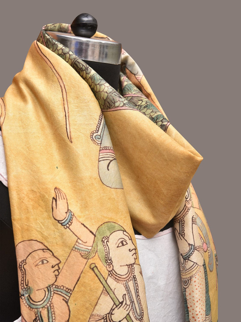 Light Yellow Kalamkari Hand Painted Kanchipuram Silk Handloom Dupatta with Krishna Design ds3381