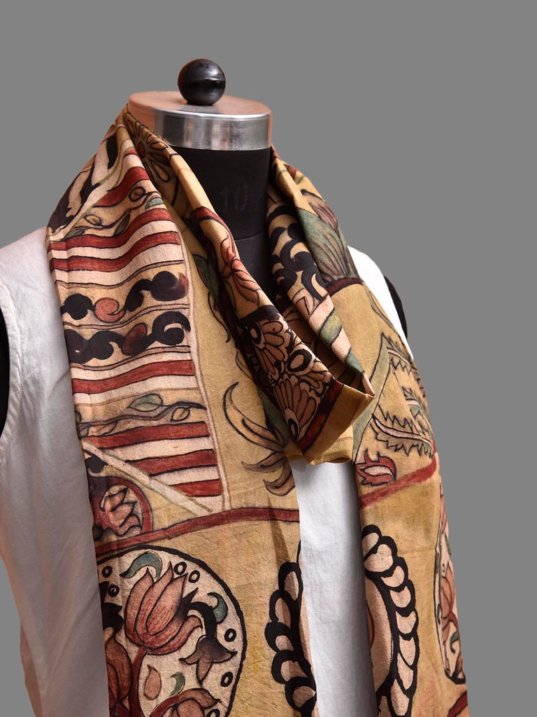 Light Yellow Kalamkari Hand Painted Sico Stole with Floral and Geometric Design ds3885