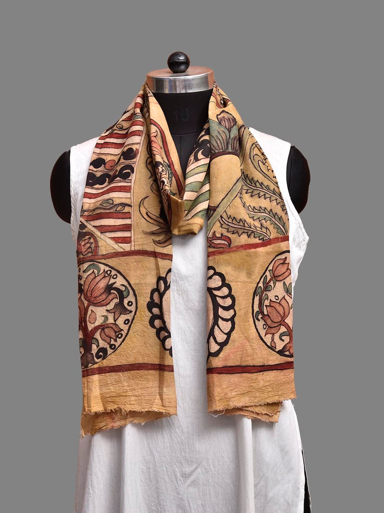 Light Yellow Kalamkari Hand Painted Sico Stole with Floral and Geometric Design ds3885