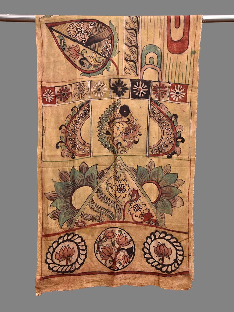 Light Yellow Kalamkari Hand Painted Sico Stole with Floral and Geometric Design ds3885
