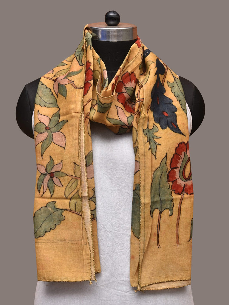 Light Yellow Kalamkari Hand Painted Sico Stole with Floral and Peacocks Design ds3514