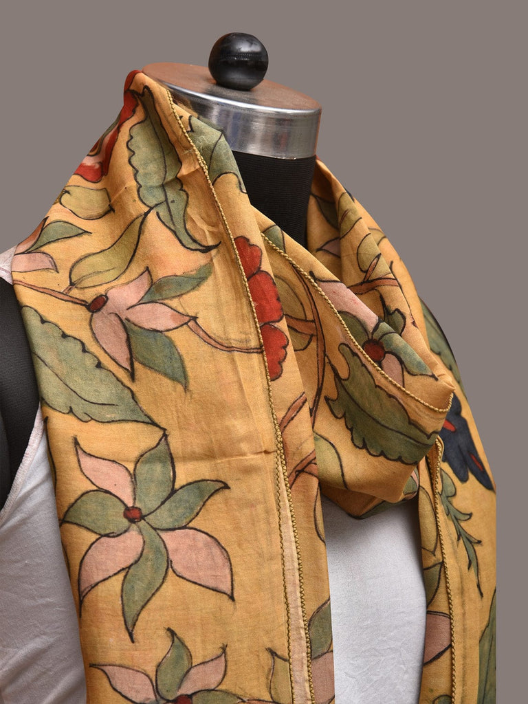 Light Yellow Kalamkari Hand Painted Sico Stole with Floral and Peacocks Design ds3514