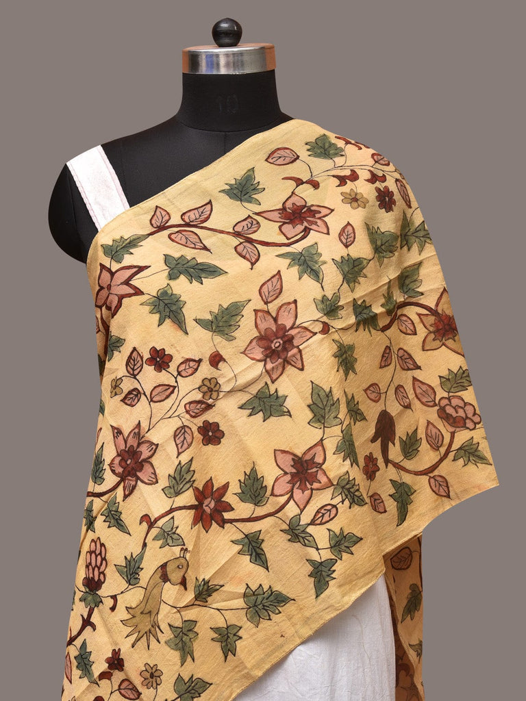 Light Yellow Kalamkari Hand Painted Sico Stole with Floral Design ds3390