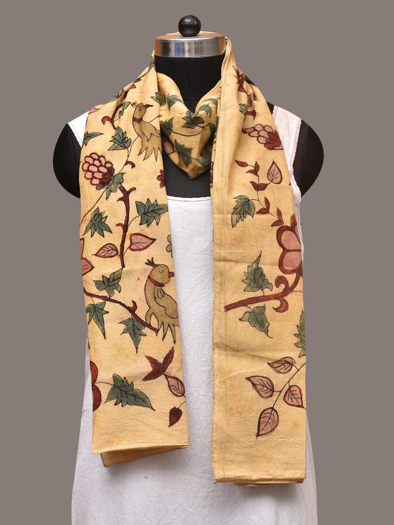 Light Yellow Kalamkari Hand Painted Sico Stole with Floral Design ds3390