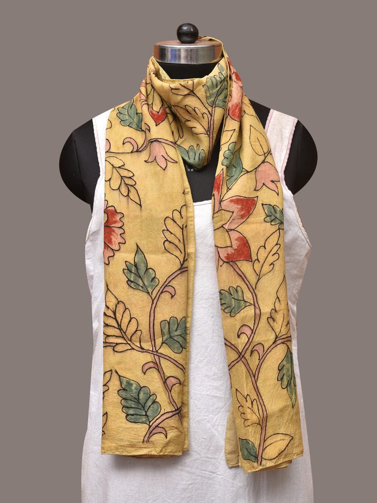 Light Yellow Kalamkari Hand Painted Sico Stole with Floral Design ds3397