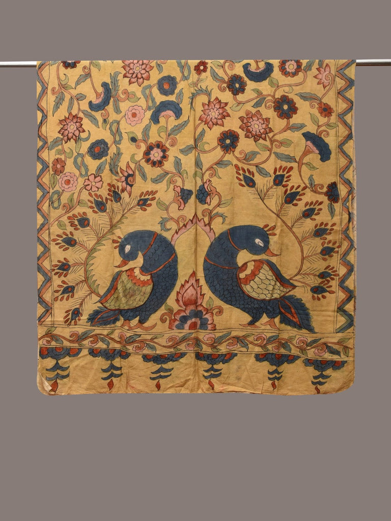 Light Yellow Kalamkari Hand Painted Silk Handloom Dupatta with Floral and Peacocks Design ds3555