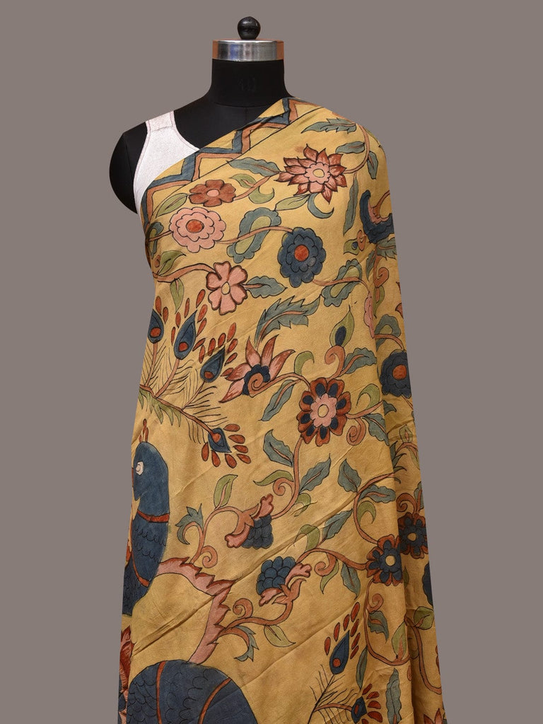 Light Yellow Kalamkari Hand Painted Silk Handloom Dupatta with Floral and Peacocks Design ds3555