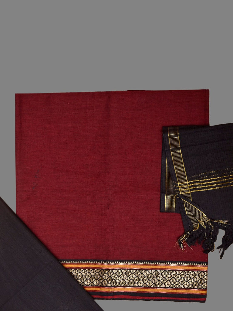 Maroon and Black Kanchipuram Cotton Dress Material with Plain Top Dupatta and Bottom Design dm0085