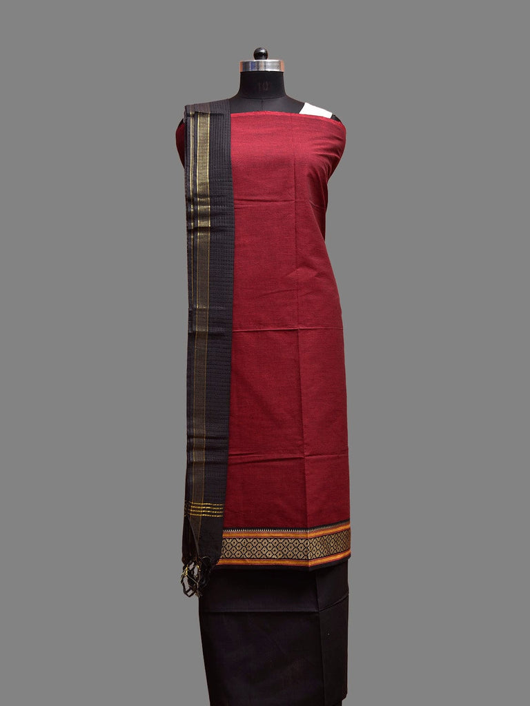 Maroon and Black Kanchipuram Cotton Dress Material with Plain Top Dupatta and Bottom Design dm0085