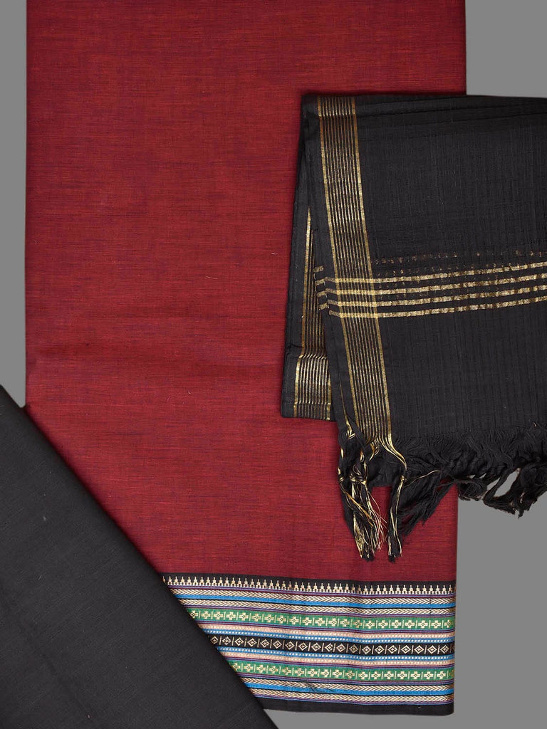 Maroon and Black Kanchipuram Cotton Dress Material with Top Bottom and Dupatta 2.5mt Length dm0088